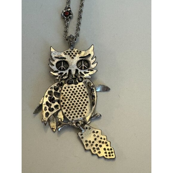 Lucky Brand Owl Pendant Necklace Silvertone Dangling Feathers 18-19.5 inch Chain - Picture 8 of 9